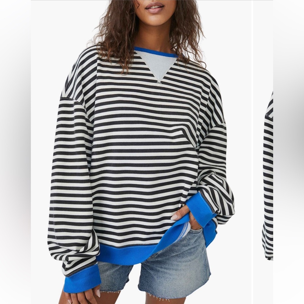 Free People Oversized Stripe Sweatshirt Black Combo